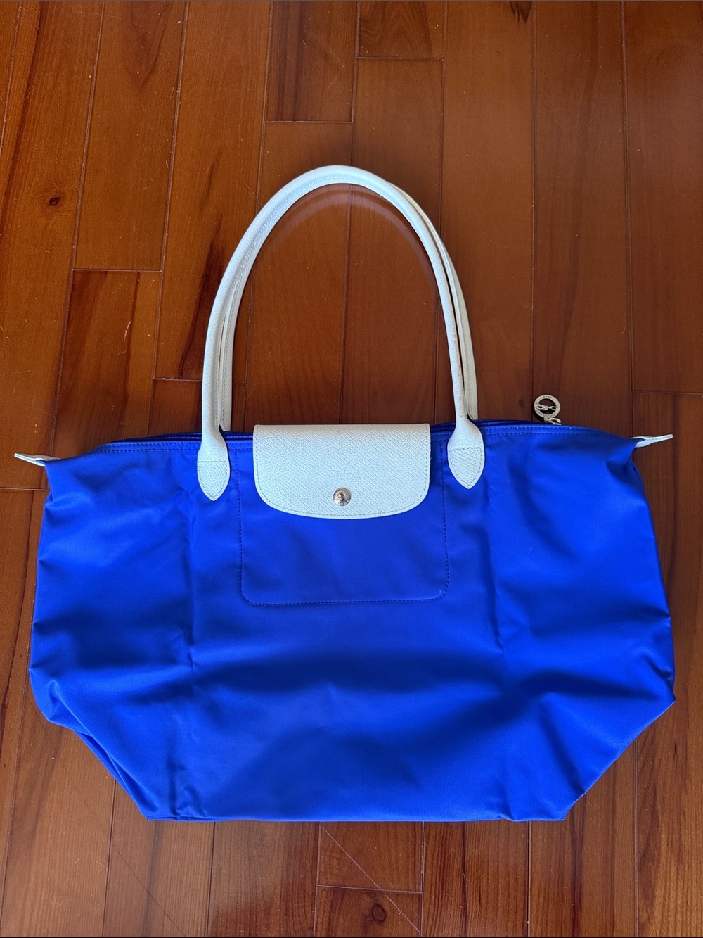 Longchamp Royal Blue Nylon Tote with White Handles